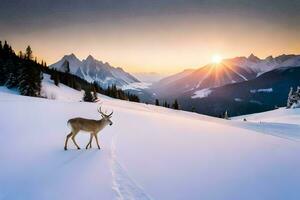 une cerf des stands dans le neige à le coucher du soleil. généré par ai photo