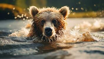 fermer portrait de une marron ours nager dans le l'eau ai généré photo