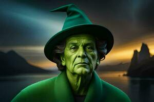 une vert sorcière avec une chapeau et une longue vert manteau. généré par ai photo
