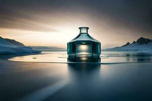 une bouteille de l'eau séance sur le l'eau dans le milieu de une lac. généré par ai photo