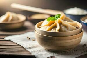 Dumplings dans une en bois bol avec riz et menthe. généré par ai photo