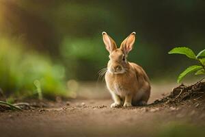 une lapin séance sur le sol dans le milieu de une champ. généré par ai photo
