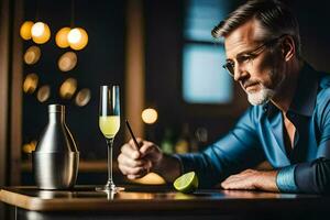 une homme avec des lunettes et une boisson dans de face de une bar. généré par ai photo