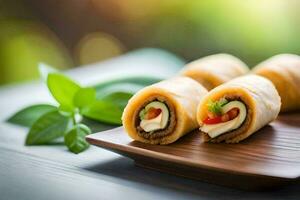 une assiette avec deux Rouleaux de aliments. généré par ai photo