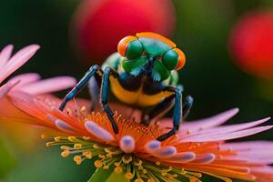 une vert et Orange insecte sur une rose fleur. généré par ai photo