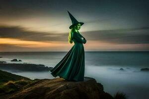 une femme dans une vert robe permanent sur une Roche surplombant le océan. généré par ai photo