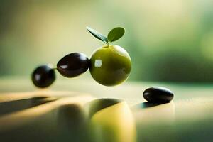 Olives sur une table avec feuilles. généré par ai photo