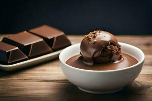 Chocolat la glace crème dans une bol avec Chocolat pièces. généré par ai photo