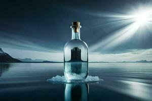une bouteille de l'eau avec une Château dans il sur le l'eau. généré par ai photo