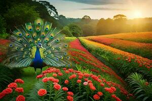 une paon est en marchant par une champ de fleurs. généré par ai photo