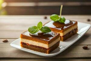 deux pièces de cheesecake sur une blanc plaque. généré par ai photo