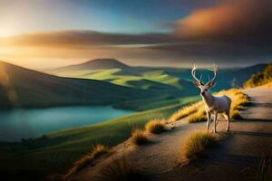 une cerf des stands sur une colline surplombant une lac. généré par ai photo