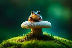 une grenouille séance sur Haut de une champignon. généré par ai photo