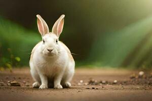 blanc lapin séance sur saleté route dans de face de vert Contexte. généré par ai photo