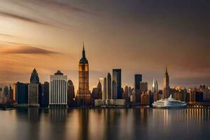 le Manhattan horizon à le coucher du soleil. généré par ai photo