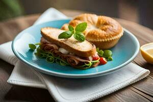 une sandwich sur une bleu assiette avec une pièce de pain. généré par ai photo