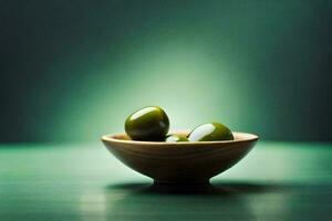 Olives dans une en bois bol sur une vert Contexte. généré par ai photo