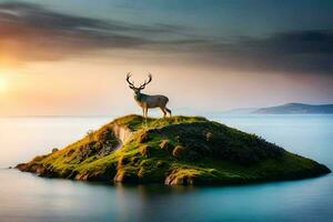 une cerf des stands sur un île dans le milieu de le océan. généré par ai photo