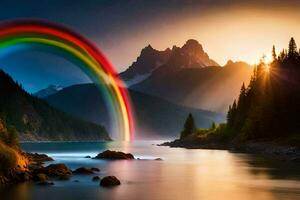 une arc en ciel est brillant plus de une Montagne Lac et des arbres. généré par ai photo