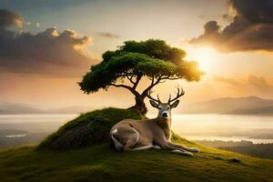 une cerf est séance sur une colline avec une arbre. généré par ai photo