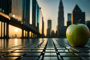 un Pomme est assis sur une table dans de face de une ville ligne d'horizon. généré par ai photo