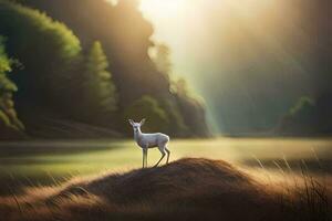 une cerf des stands sur une colline dans de face de une rivière. généré par ai photo