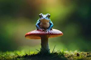 une grenouille séance sur Haut de une champignon. généré par ai photo