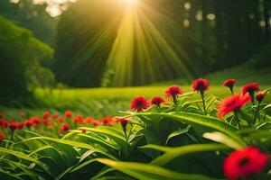 rouge fleurs dans le Soleil. généré par ai photo