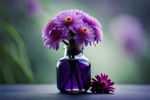 violet fleurs dans une verre bouteille sur une tableau. généré par ai photo