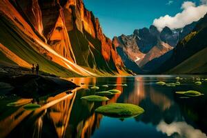 le montagnes sont réfléchi dans le l'eau. généré par ai photo