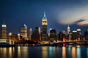 le Nouveau york ville horizon à nuit. généré par ai photo