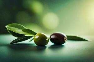 deux Olives avec feuilles sur une vert Contexte. généré par ai photo
