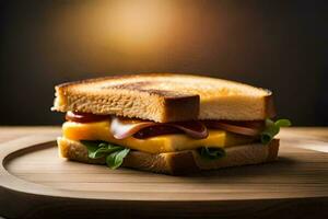 une grillé sandwich avec jambon et fromage sur une en bois planche. généré par ai photo
