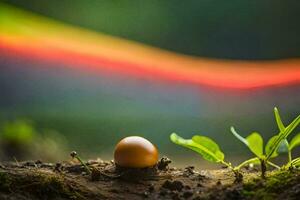 une petit Oeuf séance sur le sol avec une floue Contexte. généré par ai photo