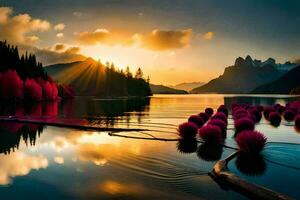 le Soleil est réglage plus de une Lac avec rose fleurs. généré par ai photo