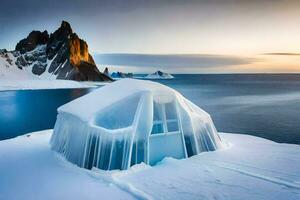 une cabane couvert dans la glace dans le milieu de le océan. généré par ai photo