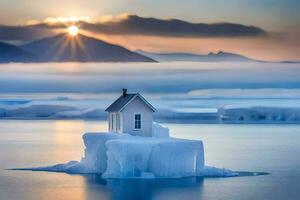 une maison sur un iceberg dans le milieu de le océan. généré par ai photo