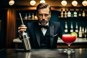 une homme dans une smoking en portant une cocktail Mixeur. généré par ai photo