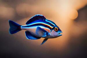 une poisson avec une brillant bleu et Orange corps. généré par ai photo