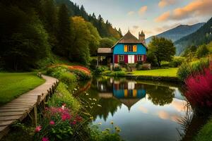une coloré maison est assis sur une petit étang entouré par fleurs. généré par ai photo