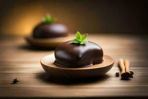 Chocolat couvert des sucreries sur une en bois plaque. généré par ai photo