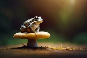 une grenouille séance sur Haut de une champignon. généré par ai photo