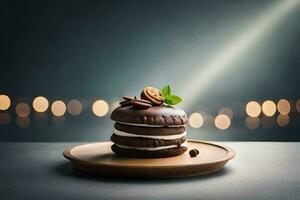 Chocolat gâteau sur une en bois assiette avec lumières dans le Contexte. généré par ai photo