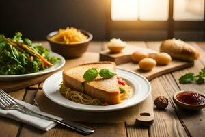 une assiette de nourriture avec une tranche de pain et salade. généré par ai photo