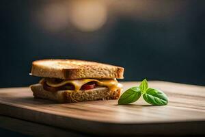 une grillé sandwich avec fromage et tomate sur une en bois Coupe planche. généré par ai photo