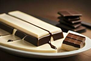 une assiette avec Chocolat et une pièce de Chocolat. généré par ai photo