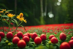 rouge fleurs et Jaune fleurs dans une champ. généré par ai photo