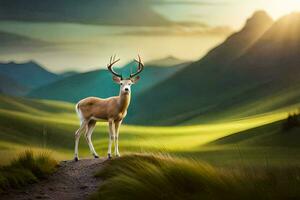 une cerf des stands sur une chemin dans le montagnes. généré par ai photo