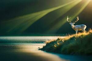 une cerf des stands sur le bord de une Lac avec lumière du soleil brillant par le des arbres. généré par ai photo