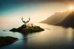 une cerf est séance sur un île dans le milieu de une lac. généré par ai photo